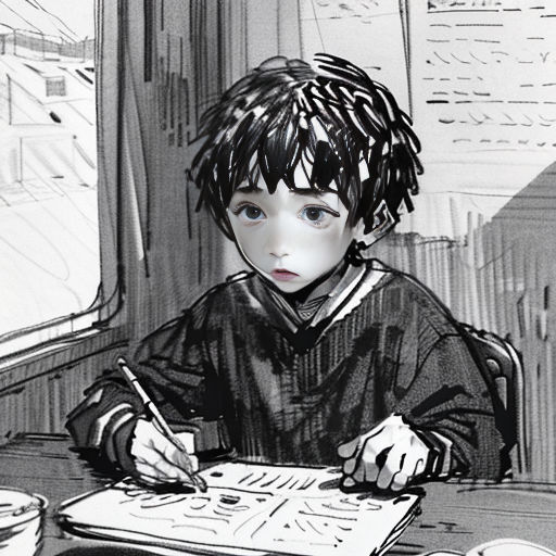 a boy sitting at a table with a pen and paper in his hand and writing on a piece of paper