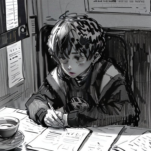 a boy sitting at a table writing on a piece of paper with a cup of coffee in front of him