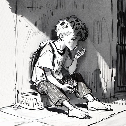 a drawing of a boy sitting on the ground next to a wall with a box of pizza in front of him