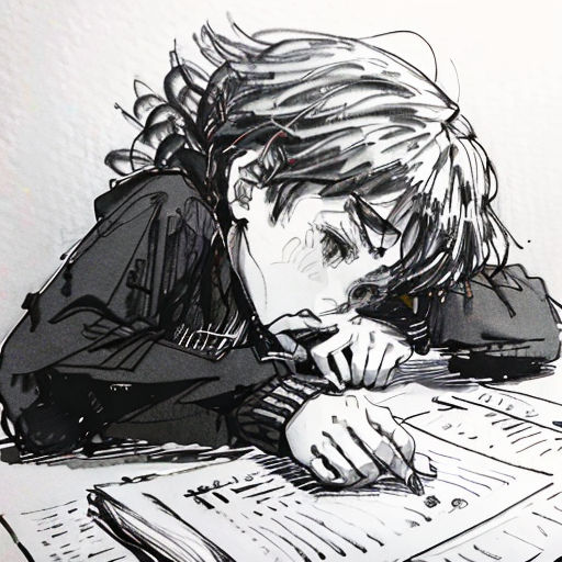 a drawing of a person sitting at a table with a book and pen in their hand and a book in front of them