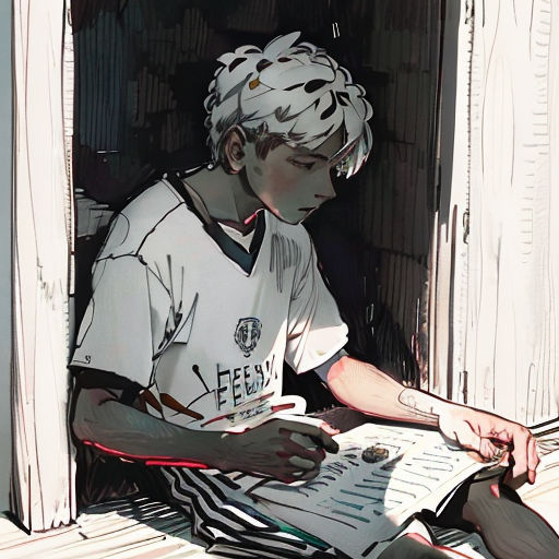 a boy sitting on the ground reading a book and writing something on a paper with a pen in his hand