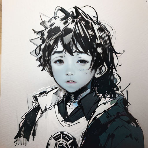 a drawing of a young girl with black hair and a white shirt and tie, with a black and white background