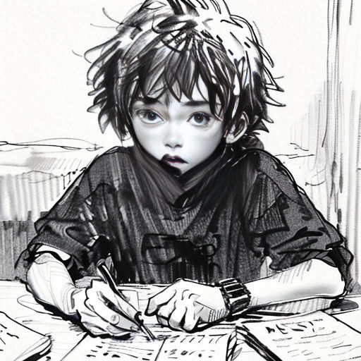 a drawing of a boy sitting at a table with a pen and paper in his hand and a book in front of him