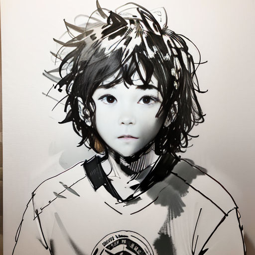 a drawing of a young boy with a white shirt on and a black tie around his neck and a black and white shirt on