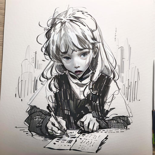 a drawing of a girl writing on a piece of paper with a pen and a marker in her hand