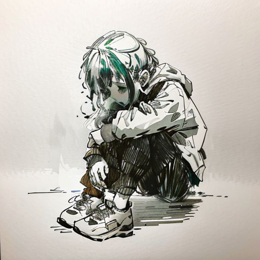 a drawing of a person sitting on the ground with their hands on their knees and their head down,