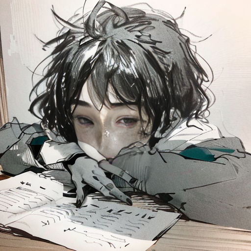 a drawing of a person with a book in their hands and a pen in their hand, with a book in front of them