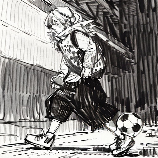 a drawing of a person kicking a soccer ball in a alleyway with a building in the background and a person walking by