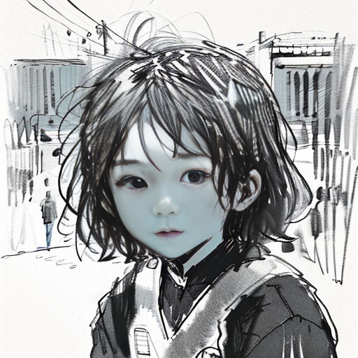 a drawing of a young girl with a black and white background and a black and white photo of her