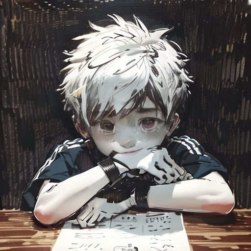 a boy with white hair sitting at a table with a piece of paper in front of him and his hands on his face