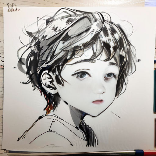 a drawing of a boy with a tie on a piece of paper with markers on it and a pen
