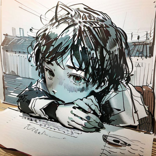 a drawing of a person sitting at a table with a pen and paper in front of them and a drawing of a woman
