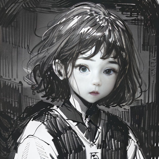 a young girl with a tie and a black and white photo of her hair blowing in the wind,