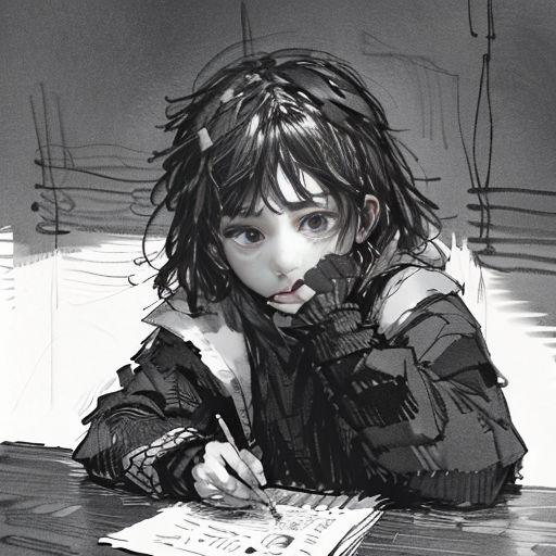 a little girl sitting at a table writing on a piece of paper with a pen in her hand and a book in her other hand