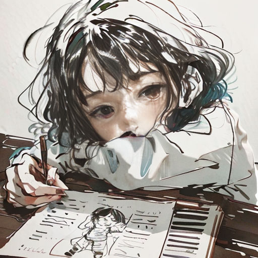 a little girl is sitting at a piano and writing on a piece of paper with a pencil in her hand