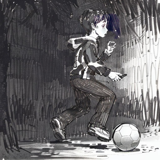 a drawing of a person kicking a soccer ball in a forest area with a tree in the background and a person standing in the foreground