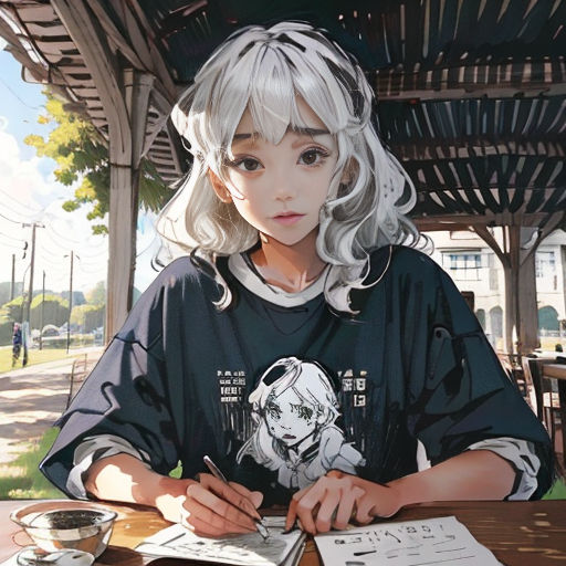 a girl sitting at a table with a pen and paper in front of her and a cup of coffee