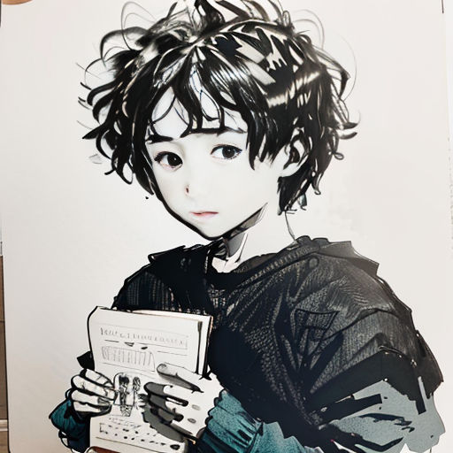 a drawing of a boy holding a book and a cell phone in his hand and a picture of him
