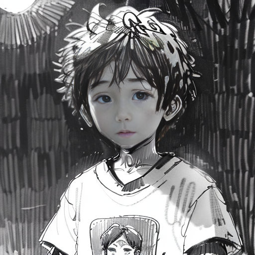 a drawing of a boy with a hat on his head and a t - shirt on his shoulders, with a picture of a boy on his chest