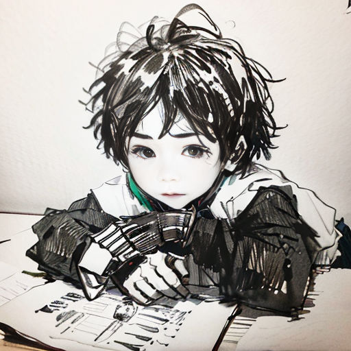 a drawing of a person sitting at a desk with papers and pens in front of them and a pen and paper