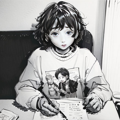 a young girl sitting at a table with a book and pen in her hand and a drawing of a boy