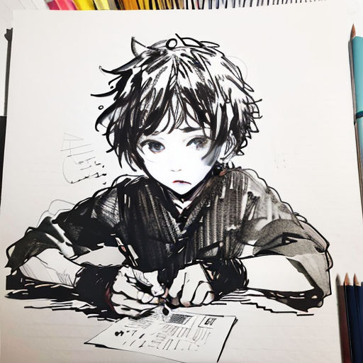 a drawing of a boy with a pencil in his hand and a book in his lap next to him
