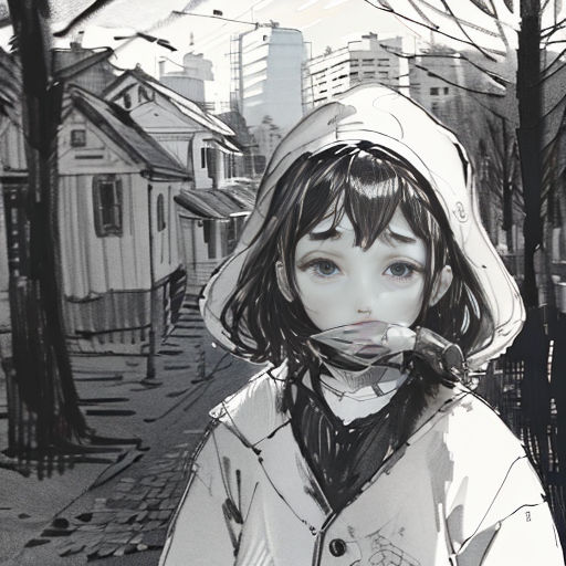 a girl in a hoodie is standing on a street corner with a cat in her mouth and a city in the background