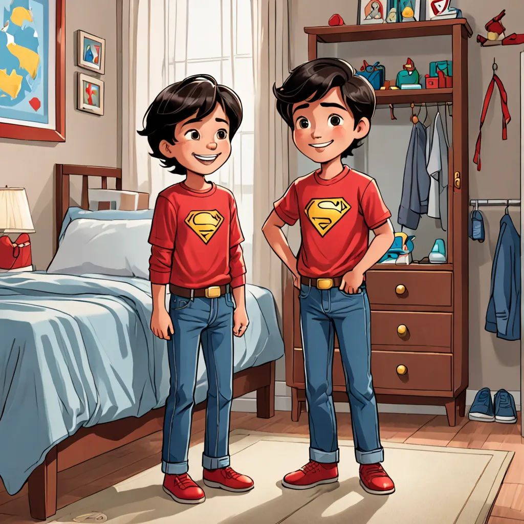 two young boys standing in a bedroom with a bed and a dresser in the background, one wearing a superman shirt, lyco art, a comic book panel, Diego Gisbert Llorens, comic cover art