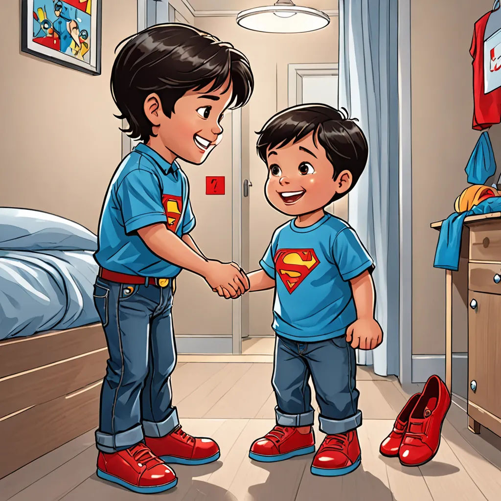 a boy and a girl shaking hands in a bedroom with a superman t - shirt on and a red shoe on, lyco art, a storybook illustration, Diego Gisbert Llorens, comic cover art