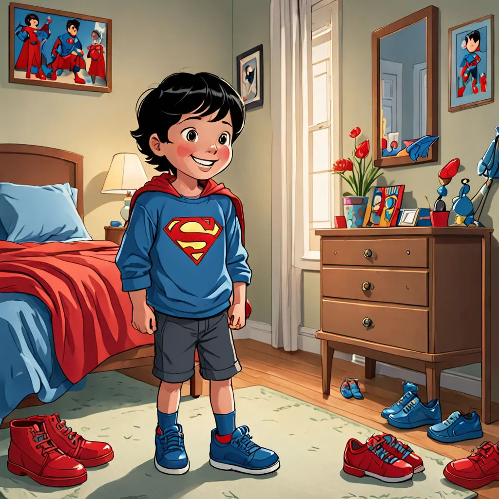 a boy in a superman shirt standing in a bedroom with his shoes on the floor and a bed with a red blanket, lyco art, a storybook illustration, Diego Gisbert Llorens, promotional image