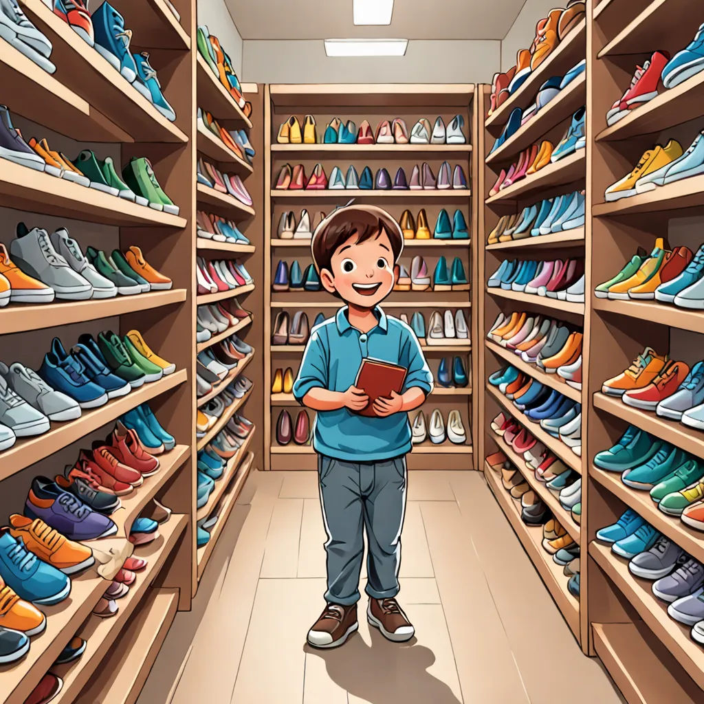 a boy standing in a shoe store holding a book and smiling at the camera while standing in front of a row of shoes, lyco art, a storybook illustration, Adam Saks, storybook illustration