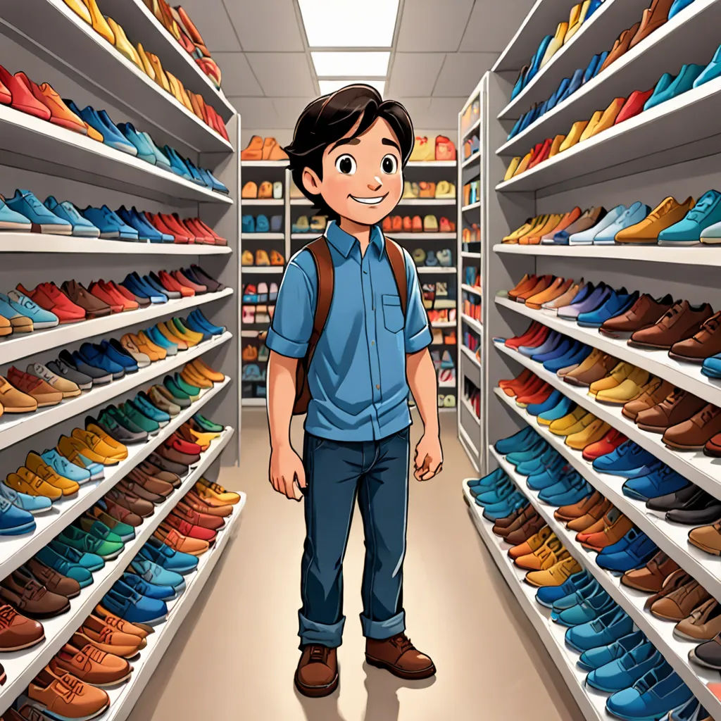 a man standing in a shoe store with a backpack on his shoulder and a rack of shoes in the background, lyco art, a storybook illustration, Adam Saks, detailed illustration