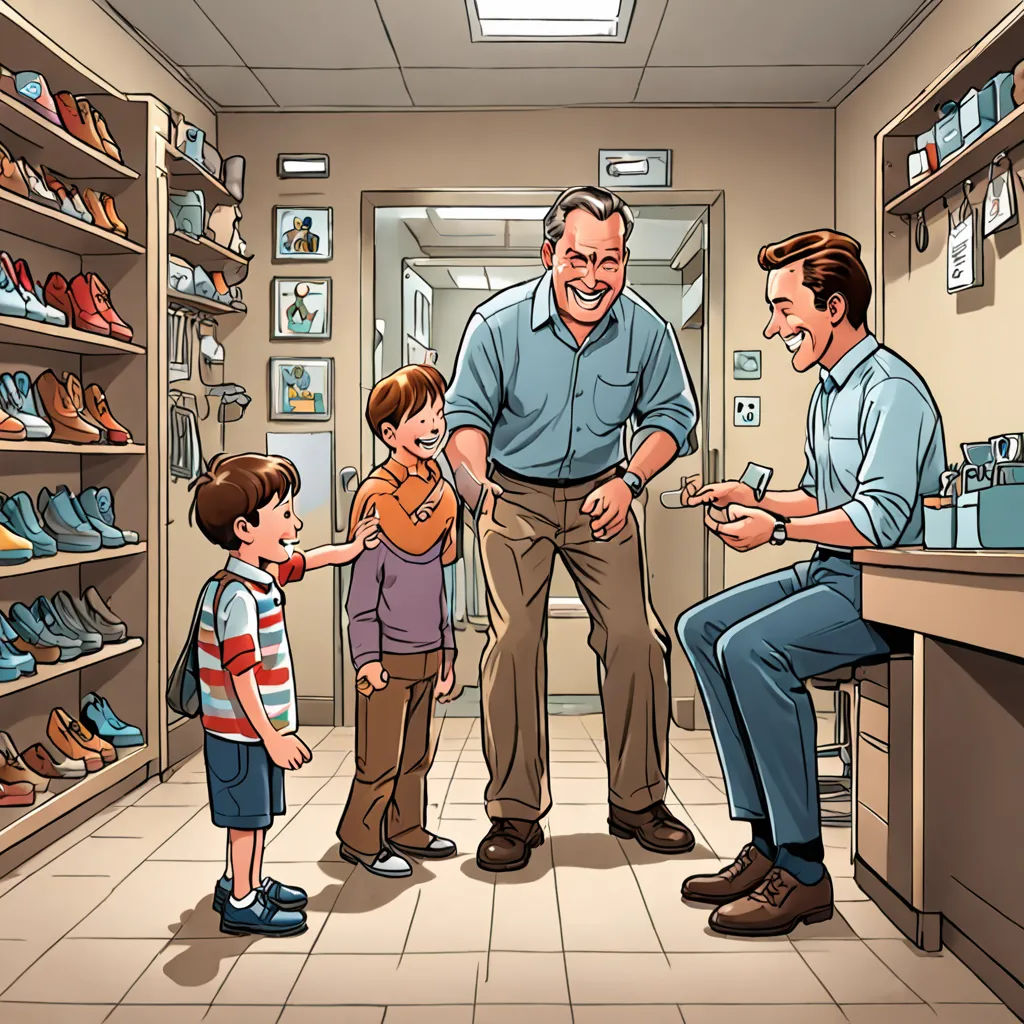 a man is handing a card to a boy and a boy is standing in front of a shoe store, american scene painting, a storybook illustration, Brothers Hildebrandt, storybook illustration