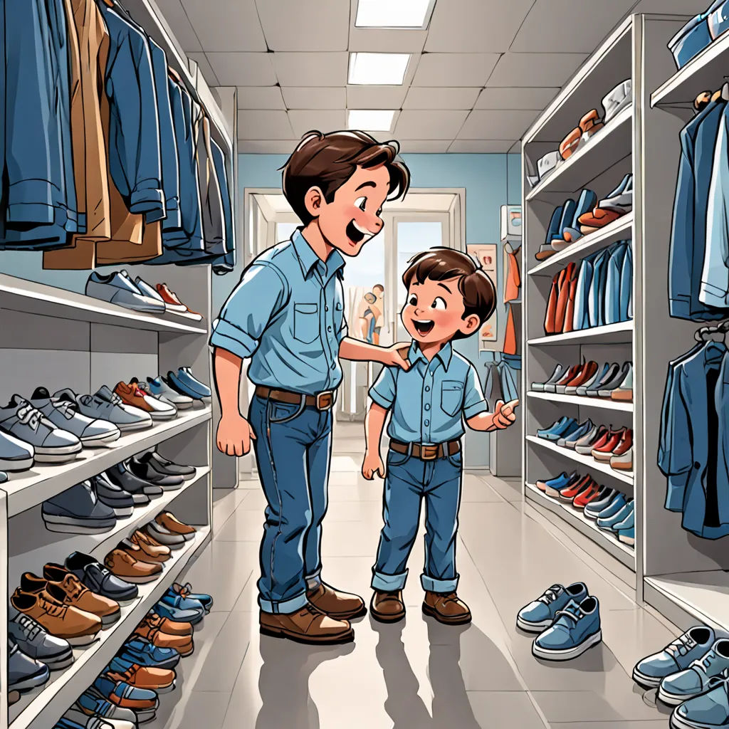 a man and a boy are standing in a store looking at shoes and shirts on shelves and shelves with shirts on them, lyco art, a storybook illustration, Diego Gisbert Llorens, detailed illustration