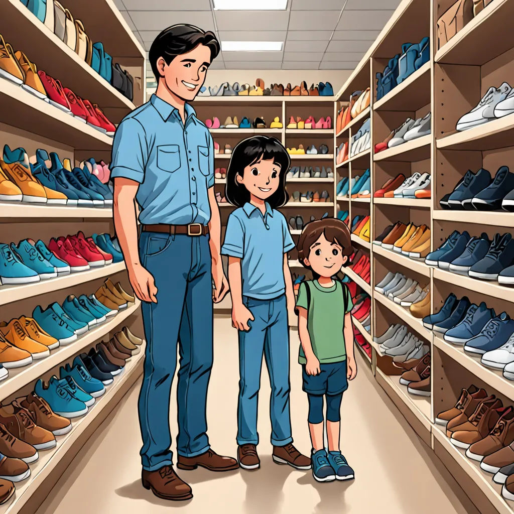a man and a little girl standing in a shoe store with a man in the background looking at shoes, lyco art, a storybook illustration, Christian Hilfgott Brand, storybook illustration