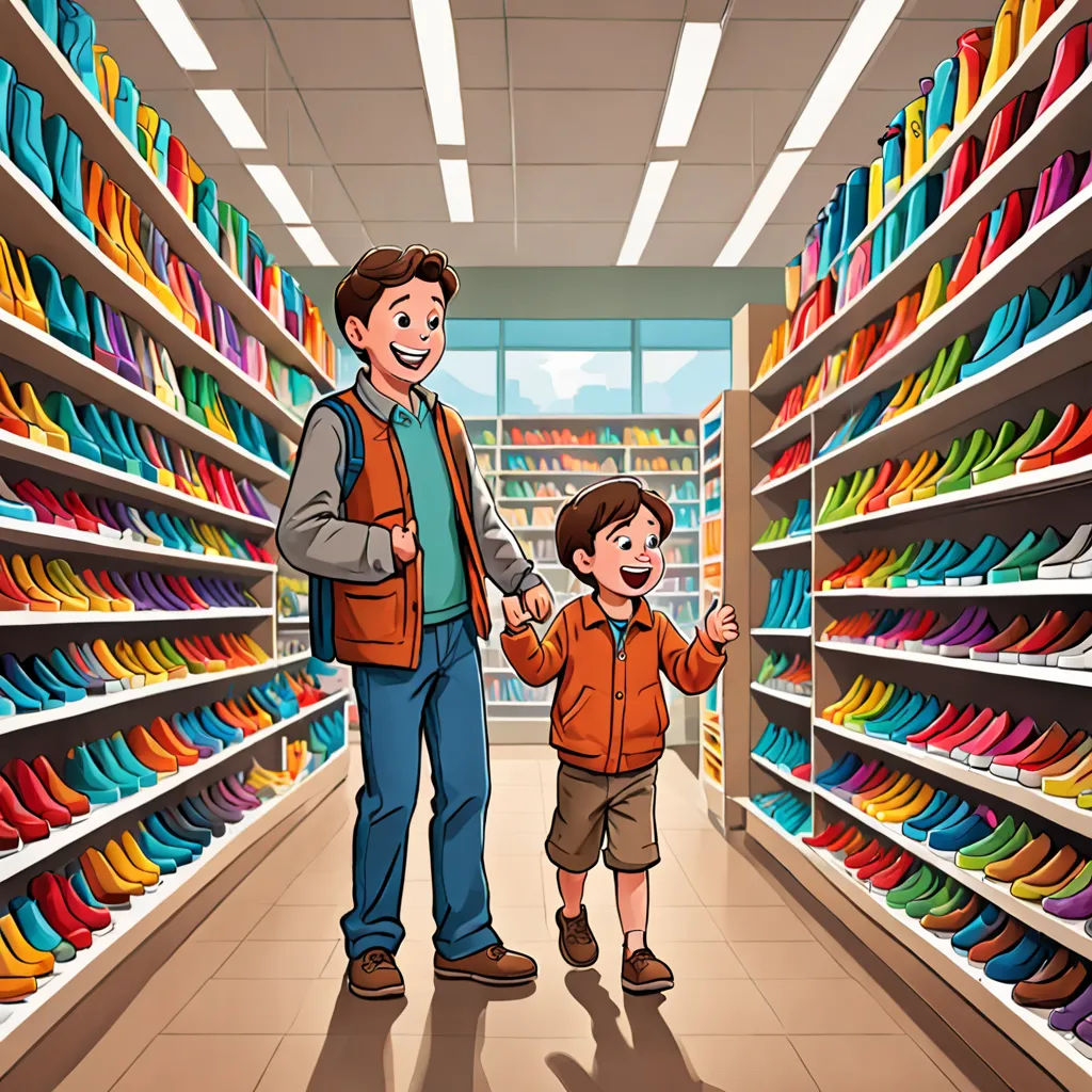 a man and a boy are standing in a store aisle with a rack of shoes on the shelves and a wall of shoes on the floor, lyco art, a storybook illustration, Adam Saks, storybook illustration