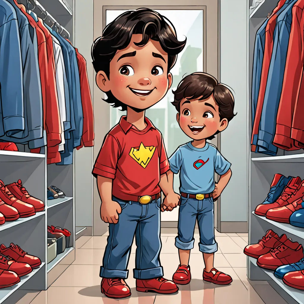 a boy and a boy are standing in a closet with red shoes on the shelves and a red shirt on the shelf, lyco art, a storybook illustration, Brothers Hildebrandt, storybook illustration