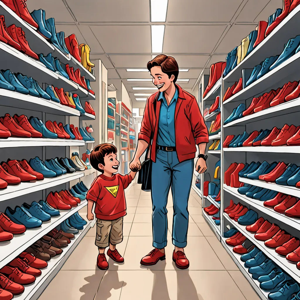 a man and a child are walking through a store aisle with shoes on the shelves and shelves of shoes on the floor, superflat, a storybook illustration, Diego Gisbert Llorens, storybook illustration