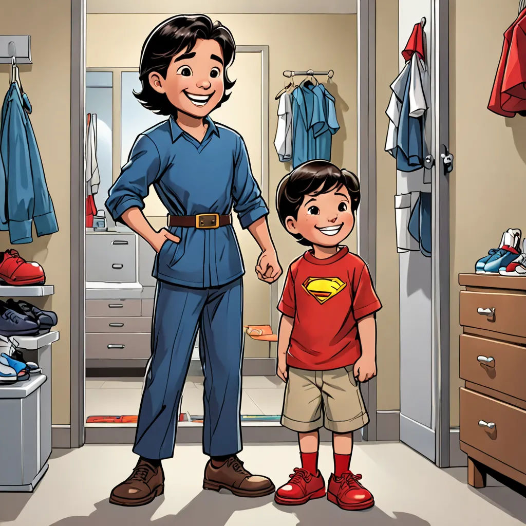 a man and a boy standing in a closet with clothes on the walls and a closet door open to the closet, lyco art, a comic book panel, Diego Gisbert Llorens, comic cover art