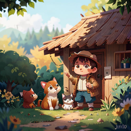a boy standing in front of a small cabin with a cat and kittens in front of him and a dog and cat