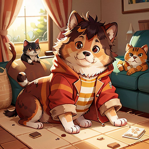a cat sitting on the floor next to a cat and a cat sitting on a couch in a living room