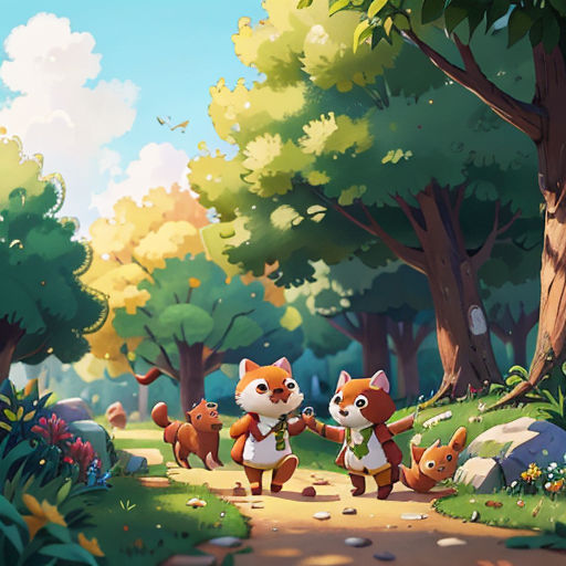 a couple of foxes walking down a forest road next to a forest filled with trees and bushes, with a forest scene in the background