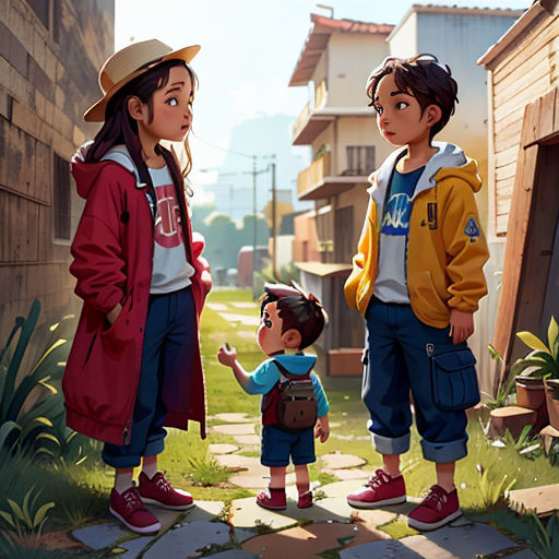 a group of children standing next to each other on a sidewalk in a neighborhood with a house in the background