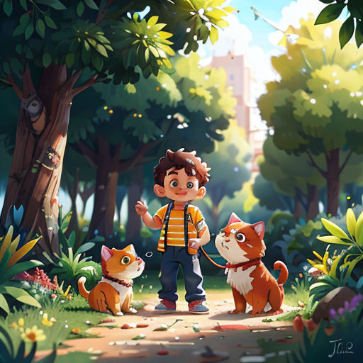 a boy is walking two dogs in the park with trees and flowers around him and a dog on a leash