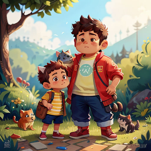 a man and a boy standing in a forest with a cat on his shoulder and a dog on his shoulder