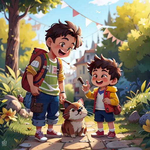 a boy and a boy with a dog in a park with bunting flags in the background and a dog on the ground