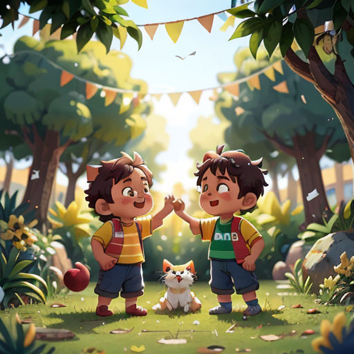 two children standing in a forest with a cat and dog in front of them, one of them is giving the other a high five