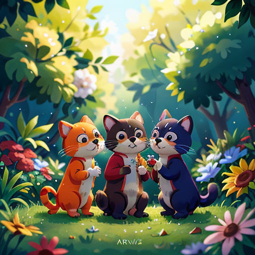 a painting of three cats sitting in a forest with flowers and trees in the background, with a sky background