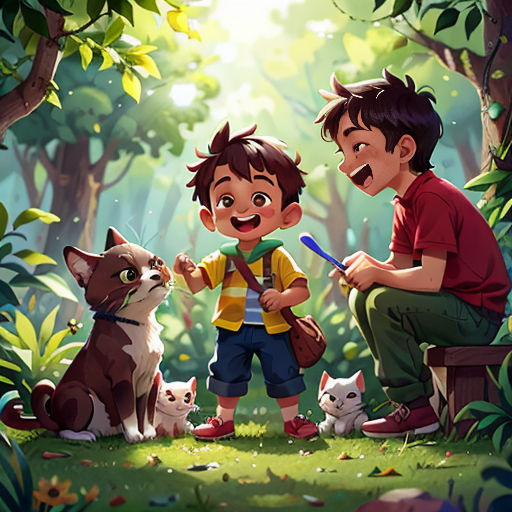 a boy and a boy are sitting on a bench with cats and a dog in the woods, and a boy is brushing his teeth