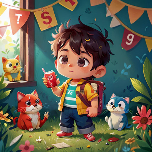 a boy with a backpack and a cat in a room with a window and flags on the wall and a cat and a cat on the ground